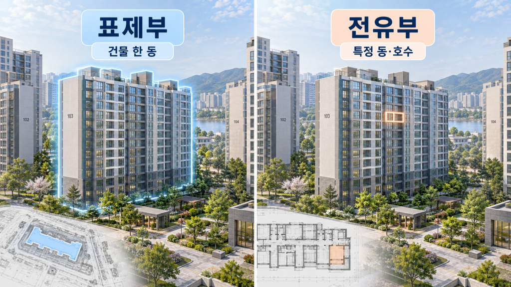건축물대장 표제부 건물 한 동과 전유부 특정 동 호수 차이