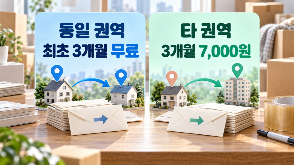 주거이전 우편물 전송서비스 동일 권역과 타 권역 요금 비교
