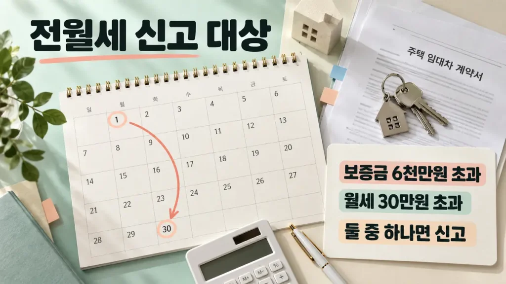 전월세 신고 대상인 보증금 6천만원과 월세 30만원 초과 기준